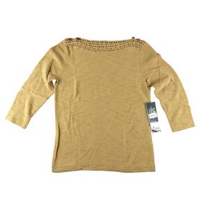 Ralph Lauren Jeans Co Knit Top LRL Khaki Cotton Crochet Button Trim Women XS NWT